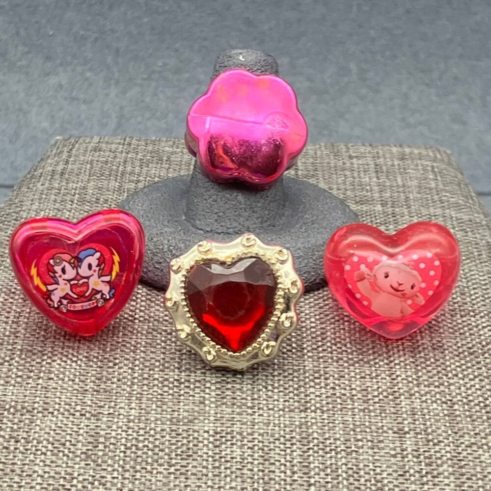 Set Of 4 Girls Rings Size 3-7 Heart Flower Pink Red Silver Unicorn Lamb Lipgloss